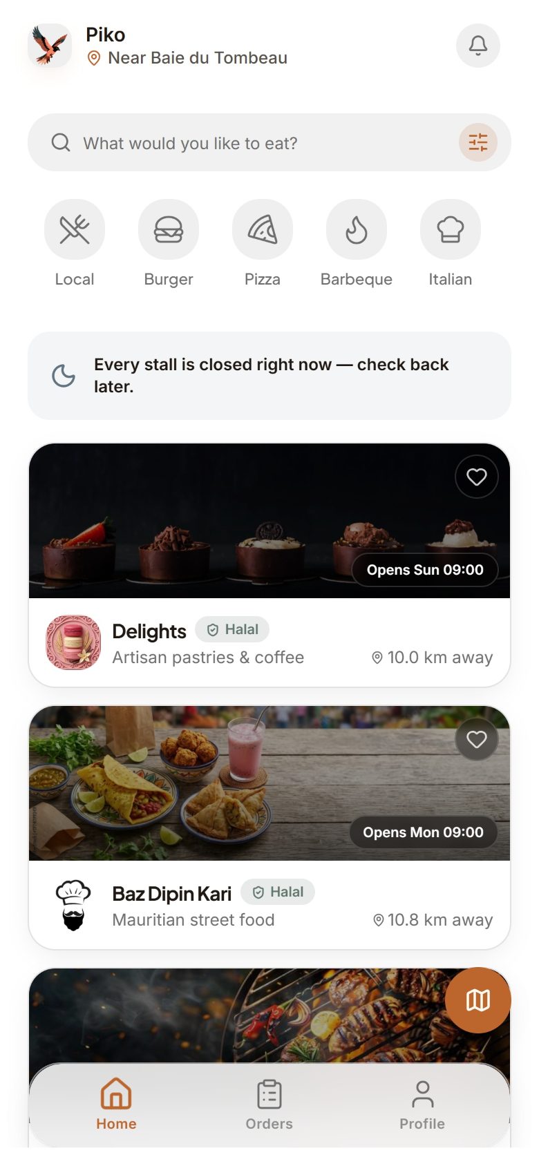 Piko customer app showing nearby stalls and their menus