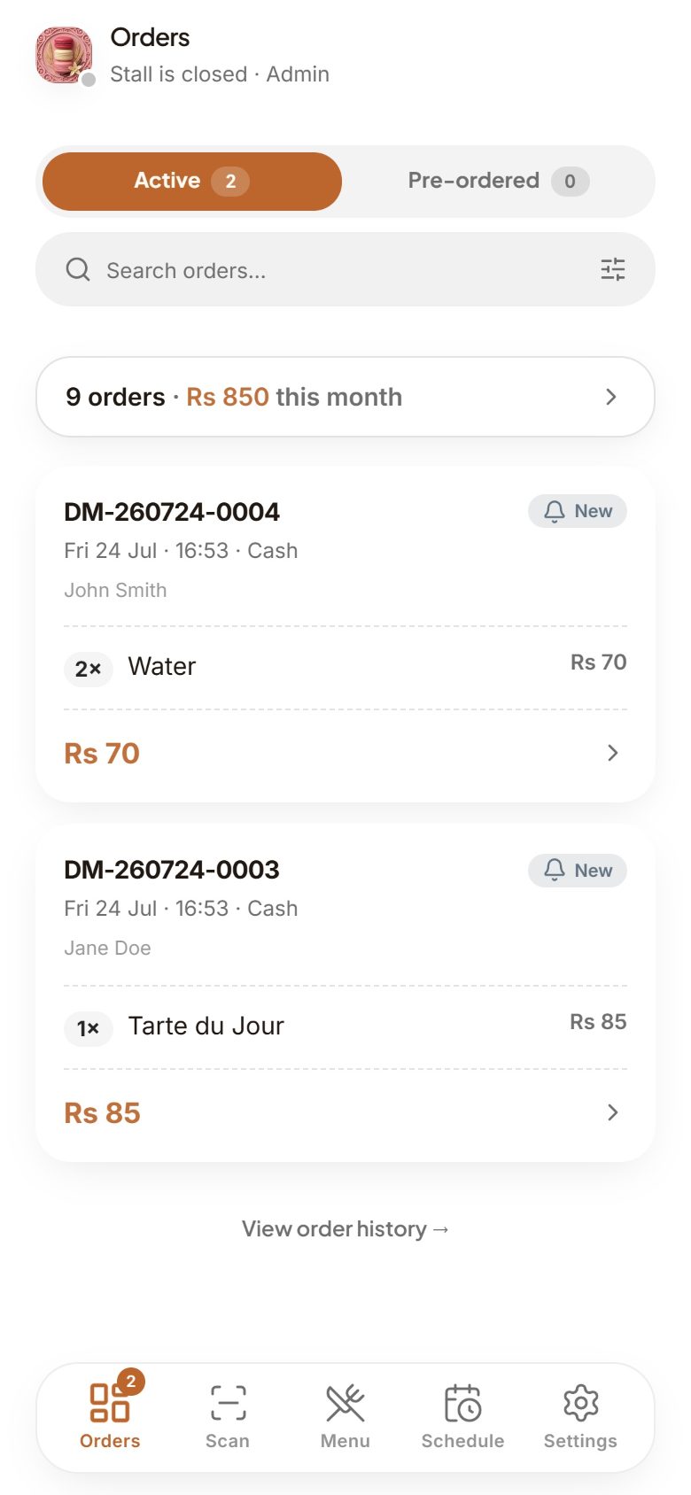 Piko seller order board showing live incoming orders